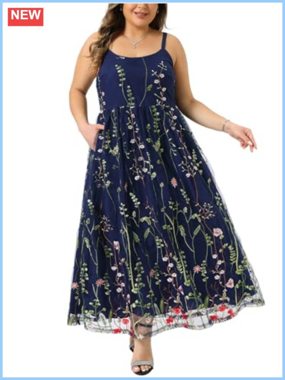 Plus Size Floral Embroidered Mesh Maxi Dress U Neck Sleeveless A-Line Pockets